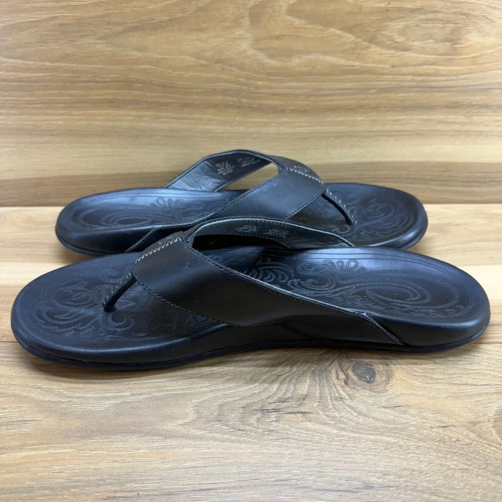Olukai Mekila Black Leather Flip Flops Mens 14 Travel Everyday Pool Beach Resort